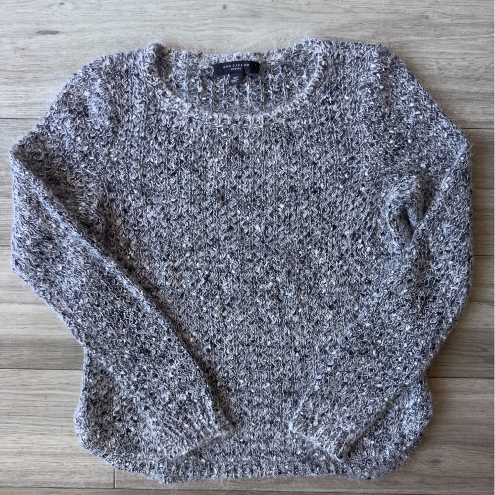 Ann Taylor Petite Textured Gray White Speckle Knit Sweater Size Small
